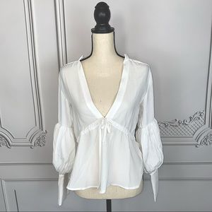 Fashion Nova White Deep V Flowy Blouse | Size S